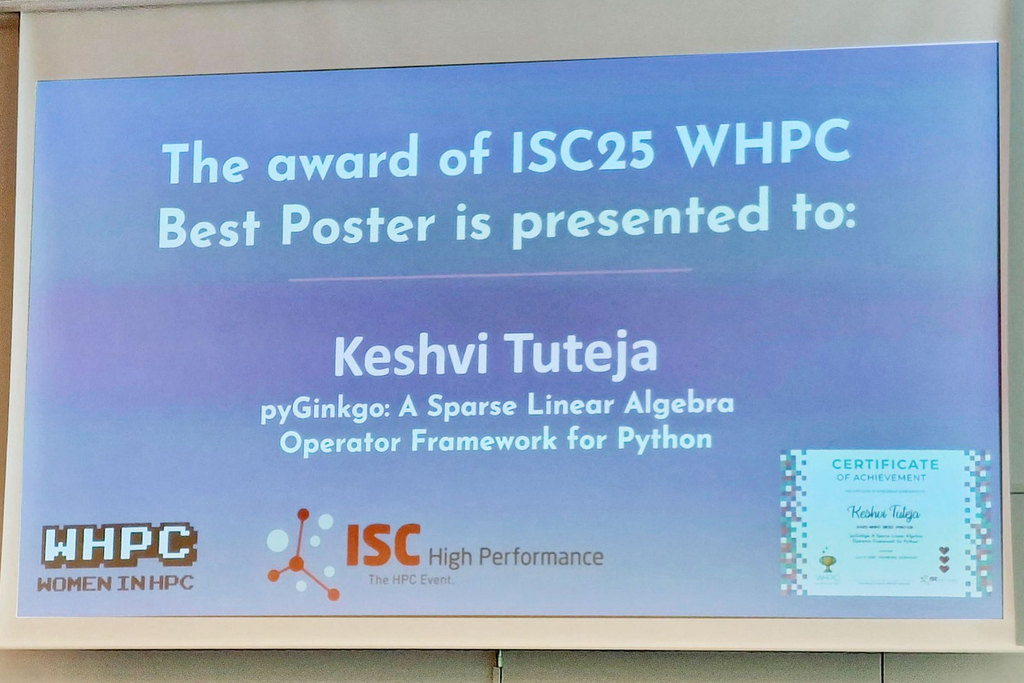 Poster on pyGinkgo, a sparse linear algebra framework for Python, highlighting performance results.