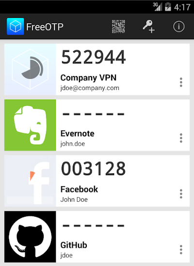 An example of the FreeOTP app on Android, displaying generated One-Time Passwords for various services