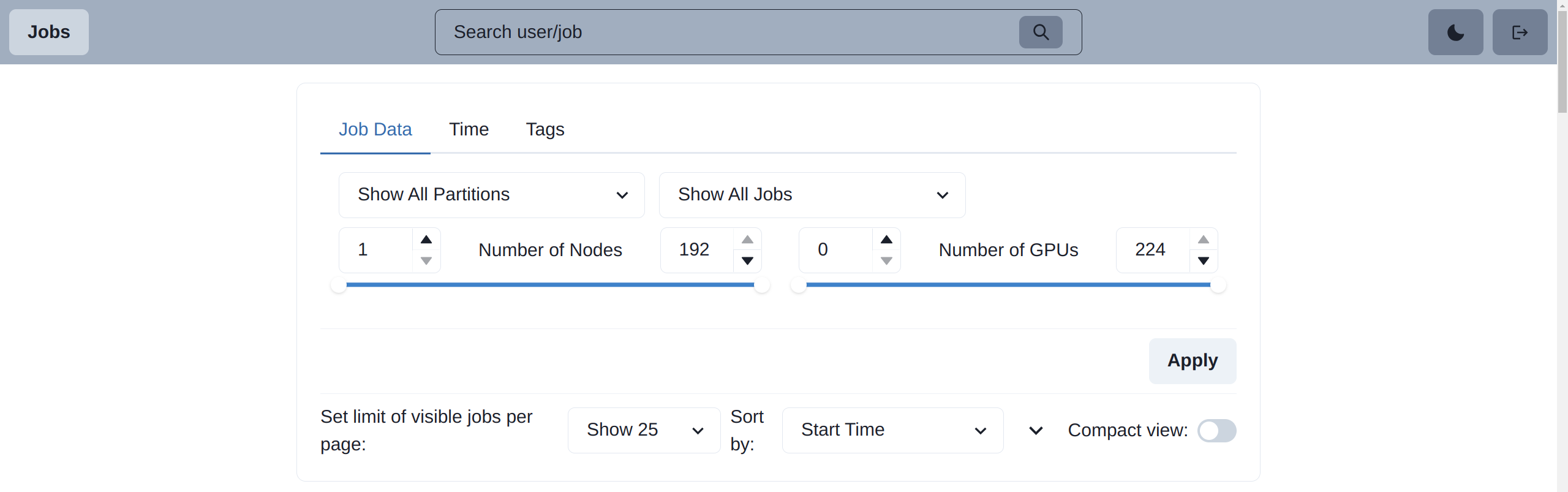 Job overview: Filter job data